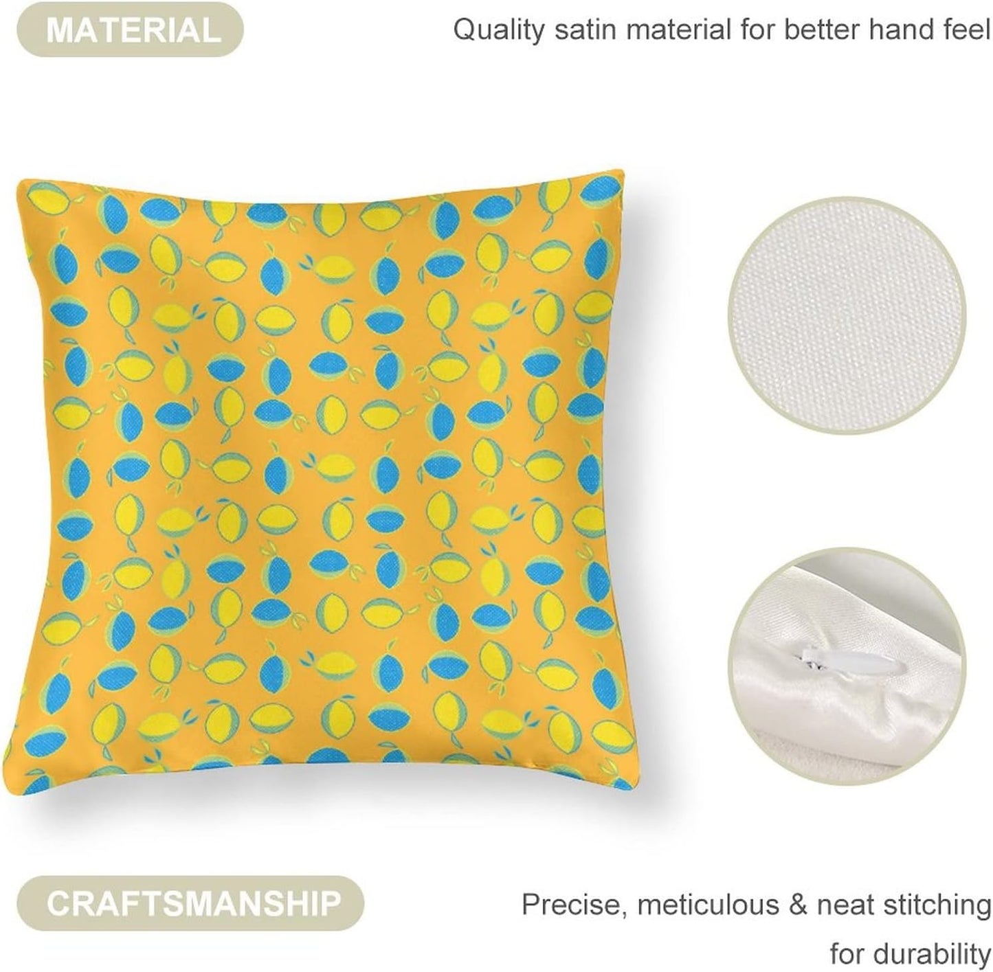 Yellow Lemon Satin Modern Cushion Case Summer Lemon Decorative Throw Pillow Covers Hidden Zipper 16"x16" Decorative Pillow Covers for Sofa Bed Party Satin Pillowcase for Hair and Skin