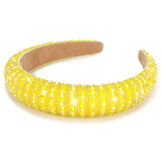 Wecoe Yellow Headband Fashion Rhinestone Padded Headband Women Cute Fancy Bling Diamond Sparkle Crystal Beaded Hairband Homecoming Prom Holiday Hair Accessories For Women Girls Birthday Gifts