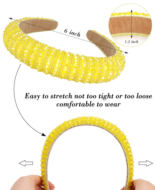 Wecoe Yellow Headband Fashion Rhinestone Padded Headband Women Cute Fancy Bling Diamond Sparkle Crystal Beaded Hairband Homecoming Prom Holiday Hair Accessories For Women Girls Birthday Gifts