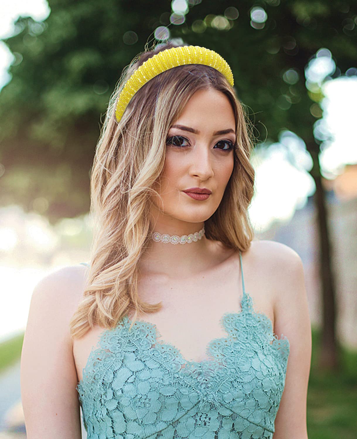Wecoe Yellow Headband Fashion Rhinestone Padded Headband Women Cute Fancy Bling Diamond Sparkle Crystal Beaded Hairband Homecoming Prom Holiday Hair Accessories For Women Girls Birthday Gifts