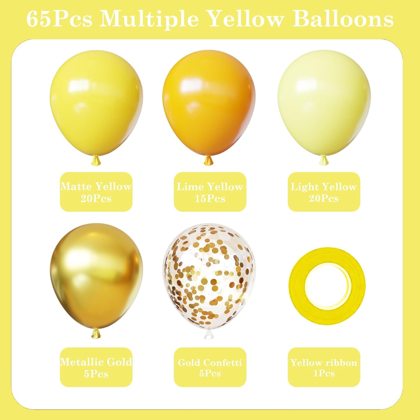 Yellow Balloons Kit, 65Pcs Light Pastel Lemon Yellow Balloons | 12in Yellow Latex Balloons for Birthday Wedding Baby Shower Bride Sunflower Theme Party Decoration