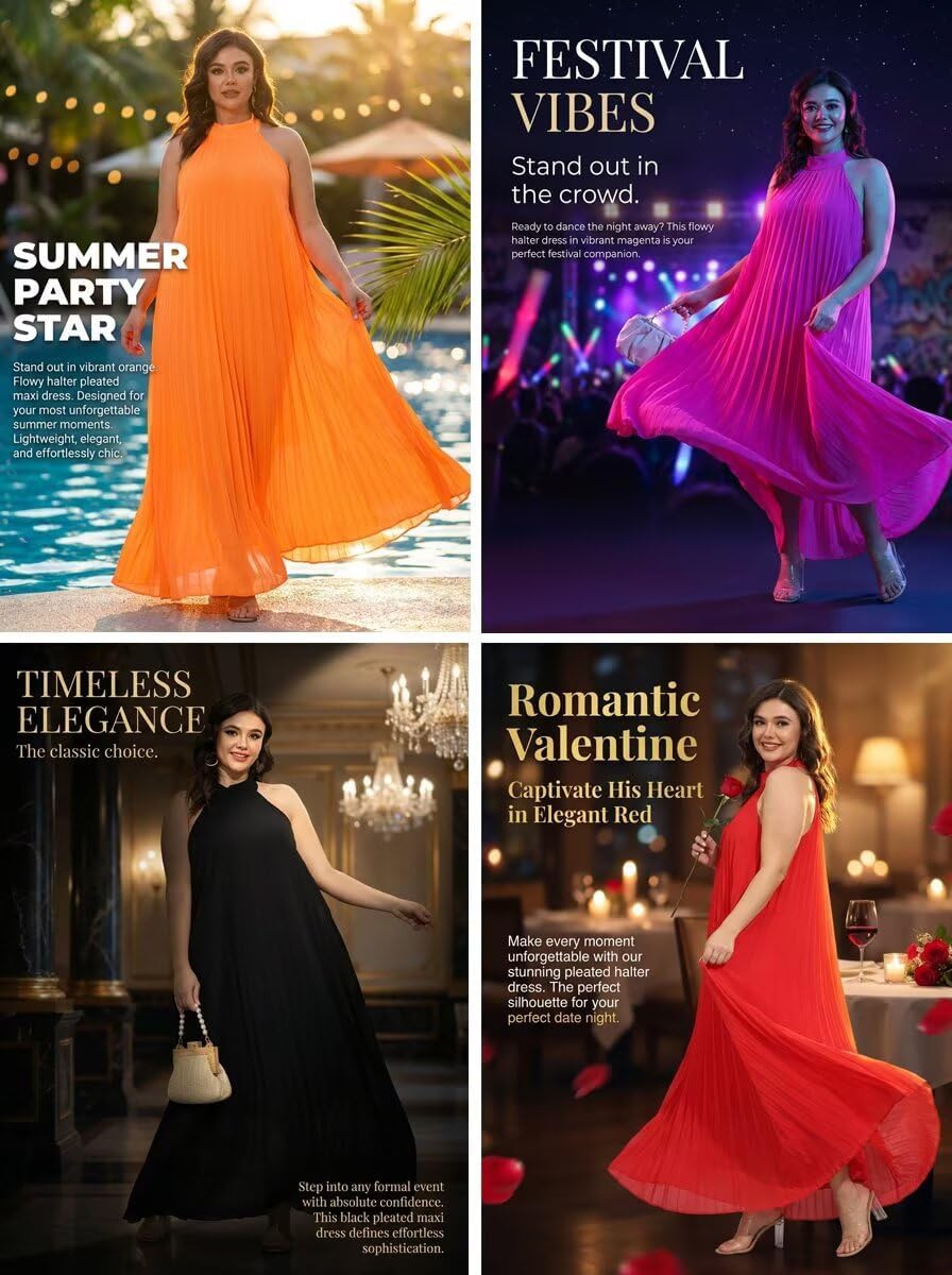 Womens Plus Size Chiffon Loose Long Maxi Dresses | Sleeveless, Halter Neck, Pleated, Summer Casual Formal Dress, Wedding Guest, Beach, Vacation, Prom, Party, Club, Evening
