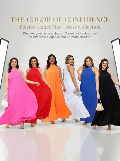 Womens Plus Size Chiffon Loose Long Maxi Dresses | Sleeveless, Halter Neck, Pleated, Summer Casual Formal Dress, Wedding Guest, Beach, Vacation, Prom, Party, Club, Evening