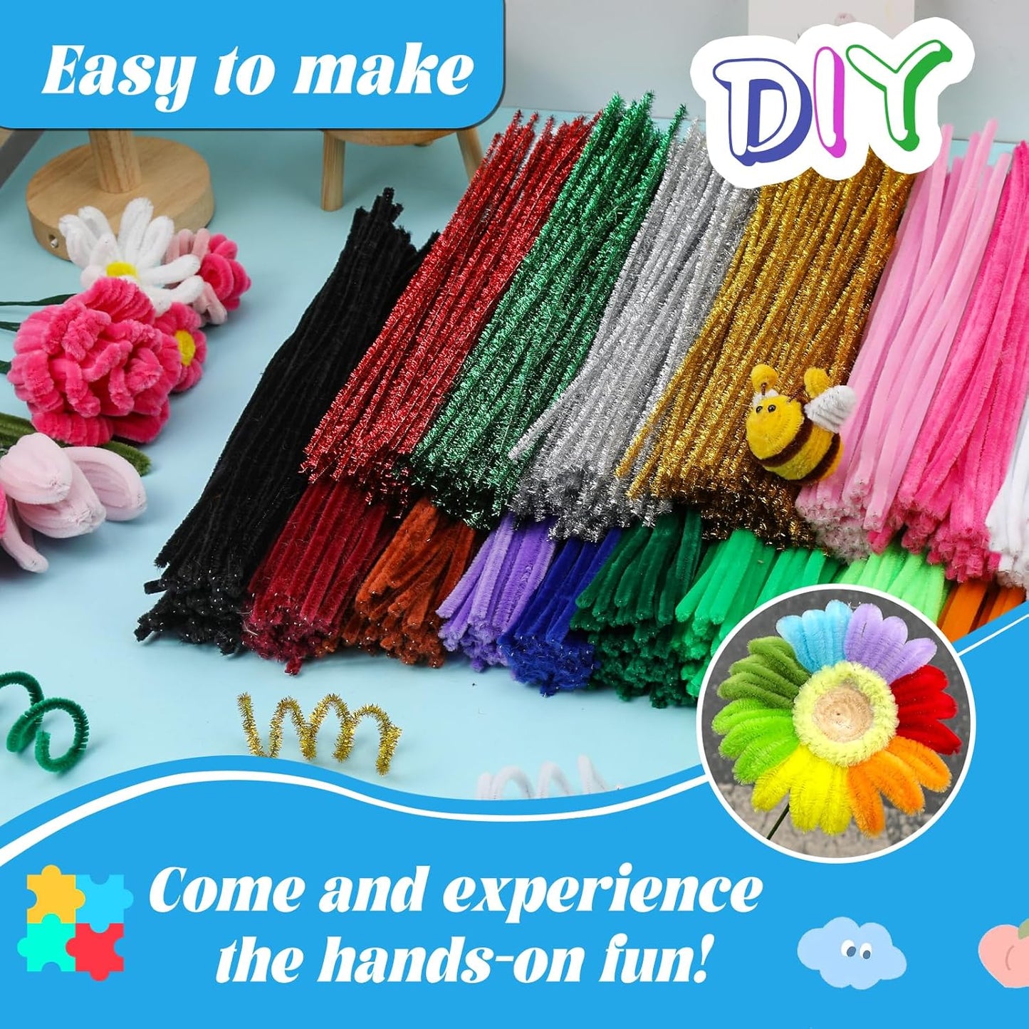 Pipe Cleaners Craft, 100Pcs Yellow Chenille Stems for Craft Supplies | Yellow Pipe Cleaners Bulk for Home Arts and Crafts Supplies, DIY Festivals Bouquet Limpia Pipas for Flower Making