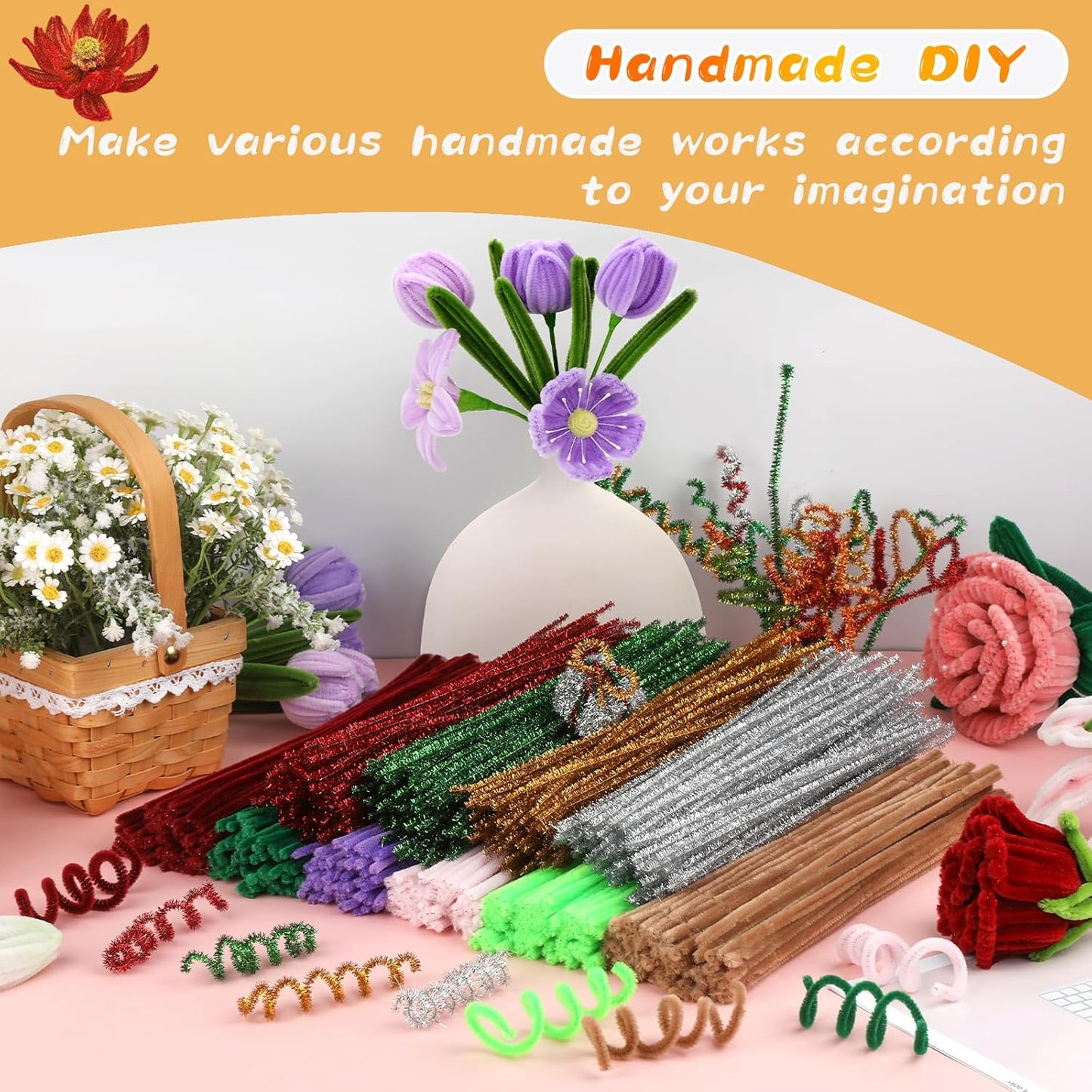 Pipe Cleaners Craft, 100Pcs Yellow Chenille Stems for Craft Supplies | Yellow Pipe Cleaners Bulk for Home Arts and Crafts Supplies, DIY Festivals Bouquet Limpia Pipas for Flower Making