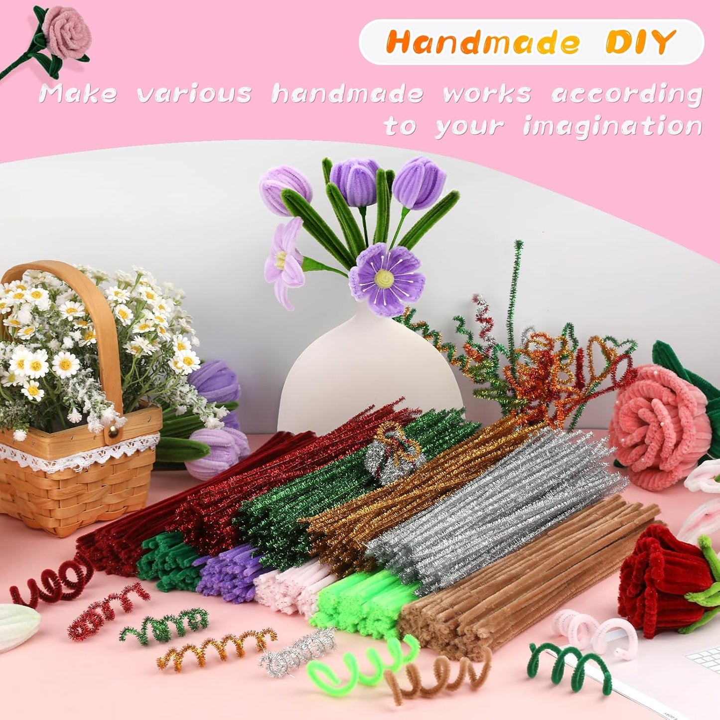 Pipe Cleaners Craft, 100Pcs Yellow Chenille Stems for Craft Supplies | Yellow Pipe Cleaners Bulk for Home Arts and Crafts Supplies, DIY Festivals Bouquet Limpia Pipas for Flower Making