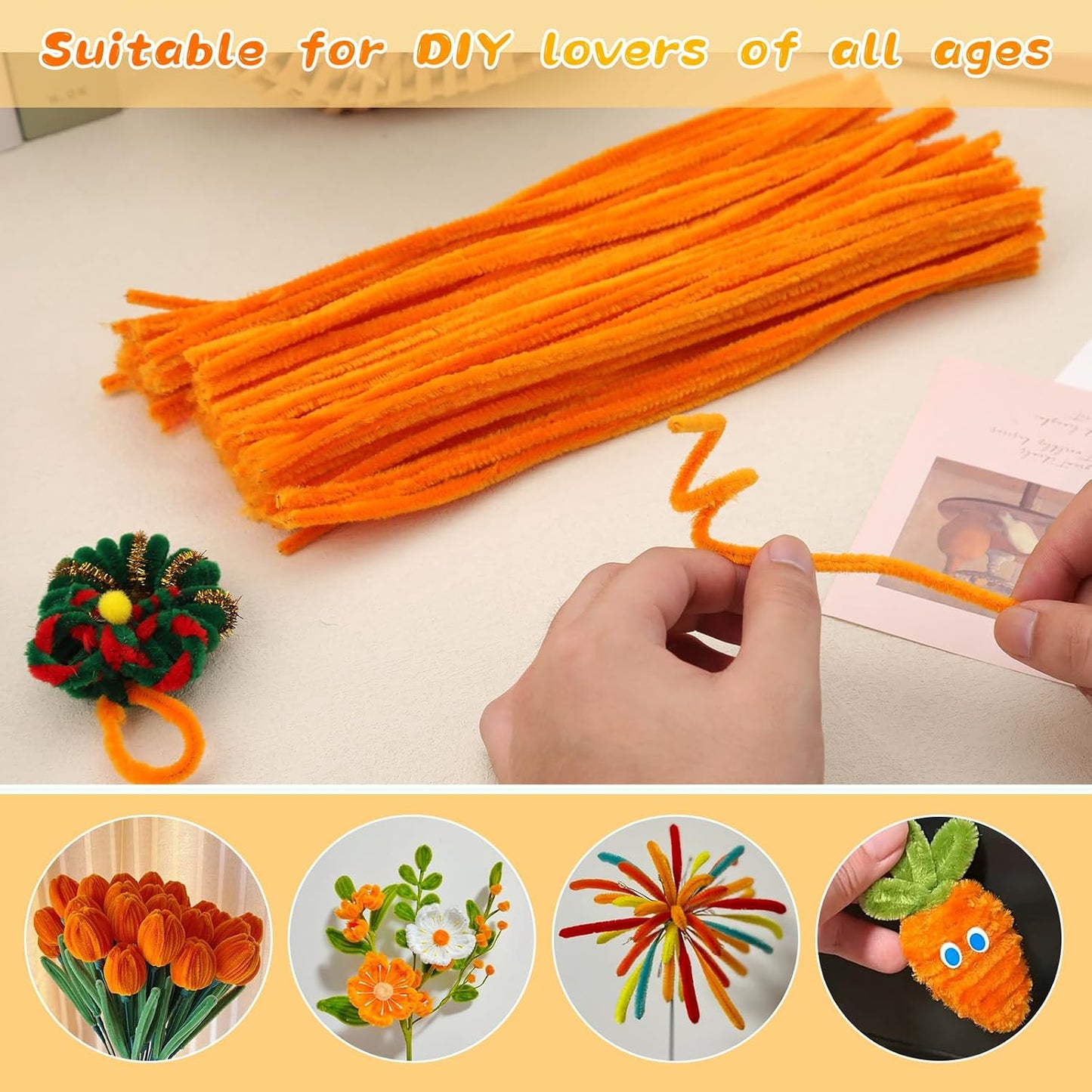 Pipe Cleaners Craft, 100Pcs Yellow Chenille Stems for Craft Supplies | Yellow Pipe Cleaners Bulk for Home Arts and Crafts Supplies, DIY Festivals Bouquet Limpia Pipas for Flower Making