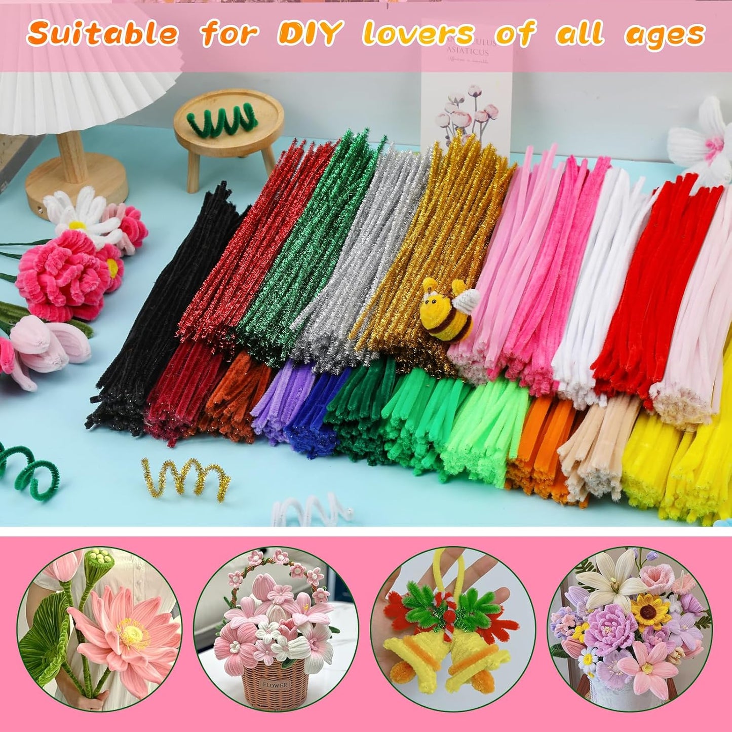 Pipe Cleaners Craft, 100Pcs Yellow Chenille Stems for Craft Supplies | Yellow Pipe Cleaners Bulk for Home Arts and Crafts Supplies, DIY Festivals Bouquet Limpia Pipas for Flower Making