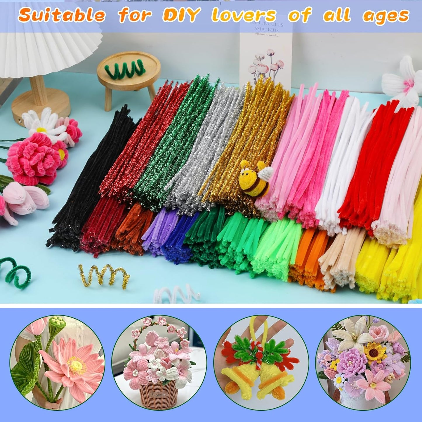 Pipe Cleaners Craft, 100Pcs Yellow Chenille Stems for Craft Supplies | Yellow Pipe Cleaners Bulk for Home Arts and Crafts Supplies, DIY Festivals Bouquet Limpia Pipas for Flower Making