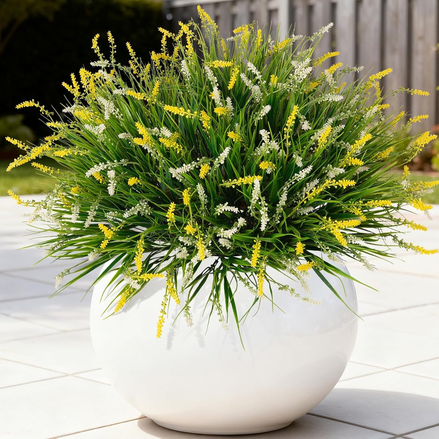 Artificial Faux Plants for Outdoor Spring Decoration, 12 Pcs Fake Monkey Grass for Garden Porch Balcony Planters, Fake Flowers Shrubs UV Resistant No Fade Plants Greenery Bush(Yellow White)