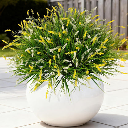 Artificial Faux Plants for Outdoor Spring Decoration, 12 Pcs Fake Monkey Grass for Garden Porch Balcony Planters, Fake Flowers Shrubs UV Resistant No Fade Plants Greenery Bush(Yellow White)