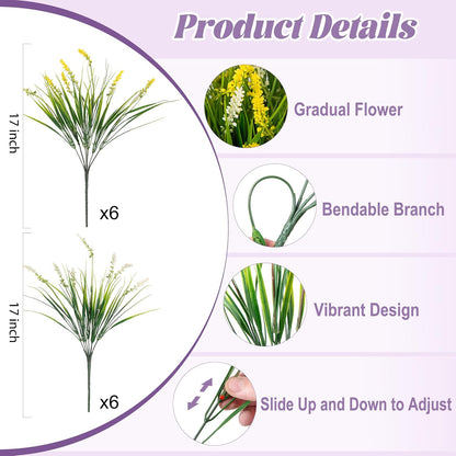 Artificial Faux Plants for Outdoor Spring Decoration, 12 Pcs Fake Monkey Grass for Garden Porch Balcony Planters, Fake Flowers Shrubs UV Resistant No Fade Plants Greenery Bush(Yellow White)