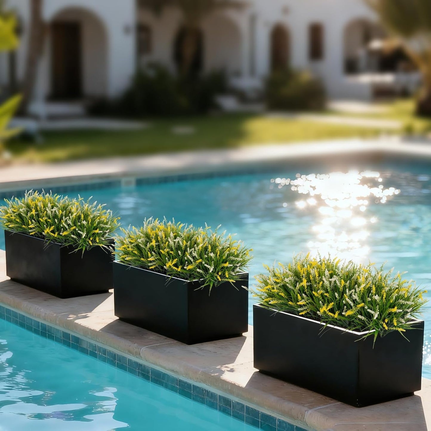 Artificial Faux Plants for Outdoor Spring Decoration, 12 Pcs Fake Monkey Grass for Garden Porch Balcony Planters, Fake Flowers Shrubs UV Resistant No Fade Plants Greenery Bush(Yellow White)
