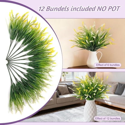 Artificial Faux Plants for Outdoor Spring Decoration, 12 Pcs Fake Monkey Grass for Garden Porch Balcony Planters, Fake Flowers Shrubs UV Resistant No Fade Plants Greenery Bush(Yellow White)