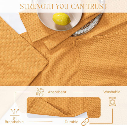 Mustard Yellow Waffle Kitchen Dish Towels 100% Cotton, Soft, Absorbent, Quick Drying, Multipurpose Use, Bar & Hand Towels, 16x26 Inches, Durable, Machine Washable, Reusable, Set of 4