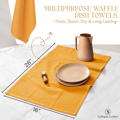 Mustard Yellow Waffle Kitchen Dish Towels 100% Cotton, Soft, Absorbent, Quick Drying, Multipurpose Use, Bar & Hand Towels, 16x26 Inches, Durable, Machine Washable, Reusable, Set of 4