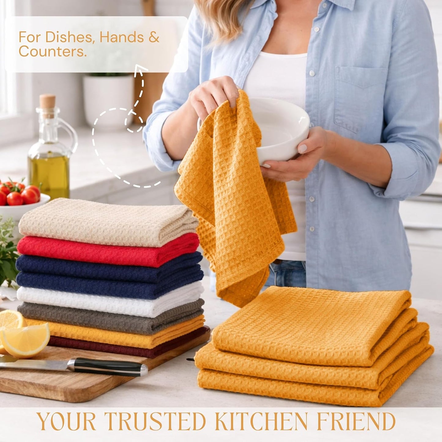 Mustard Yellow Waffle Kitchen Dish Towels 100% Cotton, Soft, Absorbent, Quick Drying, Multipurpose Use, Bar & Hand Towels, 16x26 Inches, Durable, Machine Washable, Reusable, Set of 4