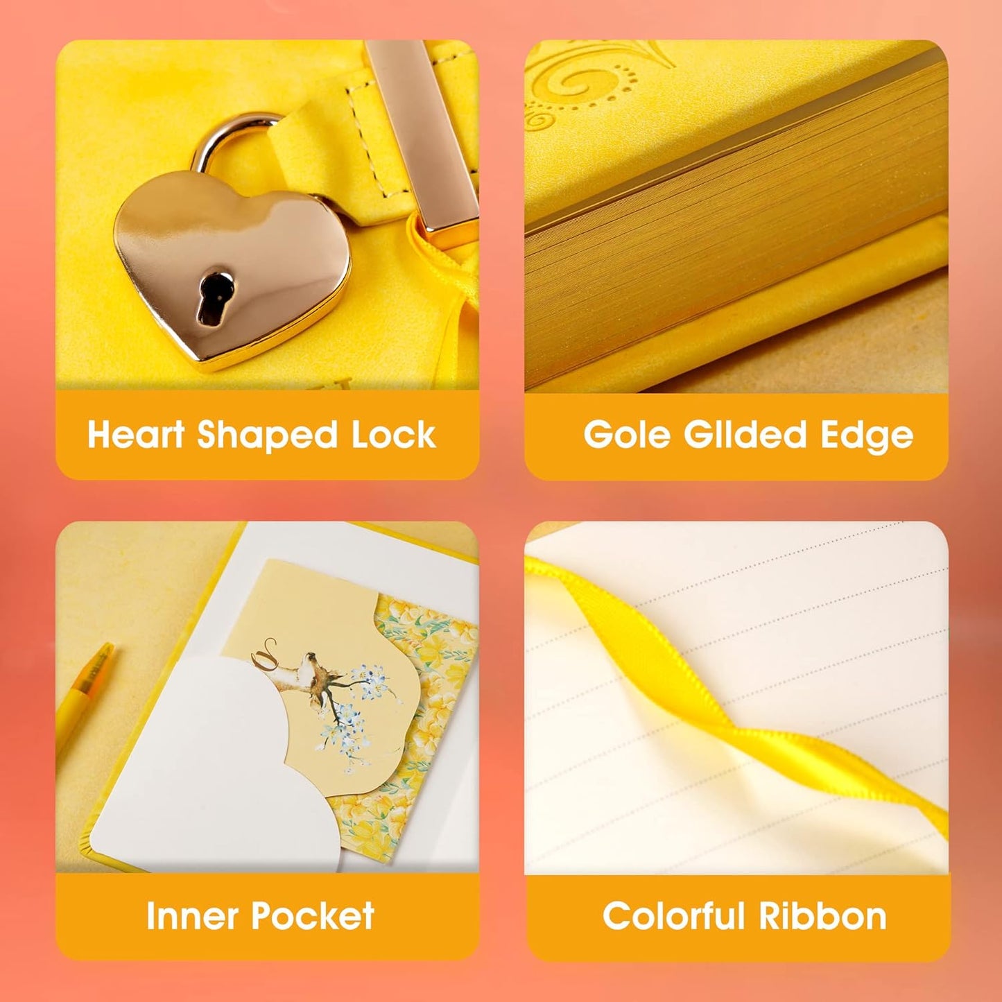 Heart Shape Diary with Lock for Girls, Yellow, 5.3 x 7 in | Kids Journal with Lock, Personal Organizer, Travel Secret Journal Notebook, Gifts for Teen Girls and Women