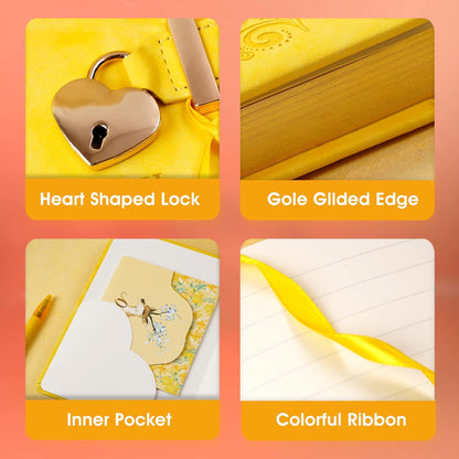 Heart Shape Diary with Lock for Girls, Yellow, 5.3 x 7 in | Kids Journal with Lock, Personal Organizer, Travel Secret Journal Notebook, Gifts for Teen Girls and Women