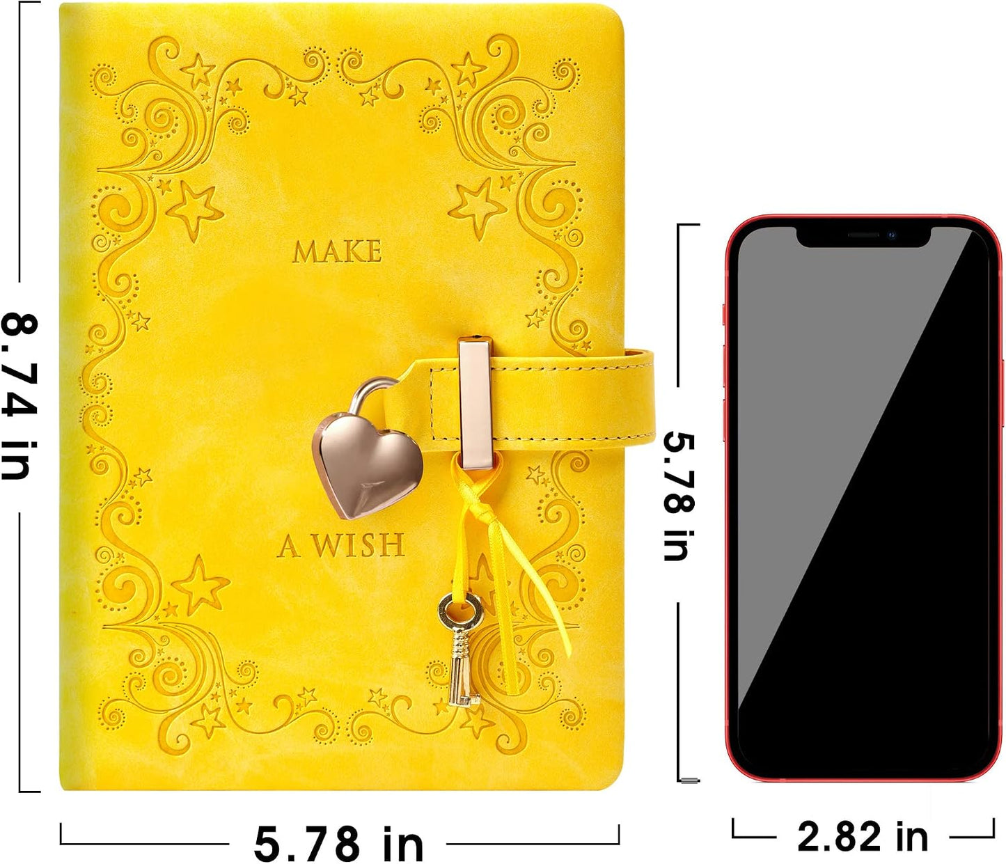 Heart Shape Diary with Lock for Girls, Yellow, 5.3 x 7 in | Kids Journal with Lock, Personal Organizer, Travel Secret Journal Notebook, Gifts for Teen Girls and Women