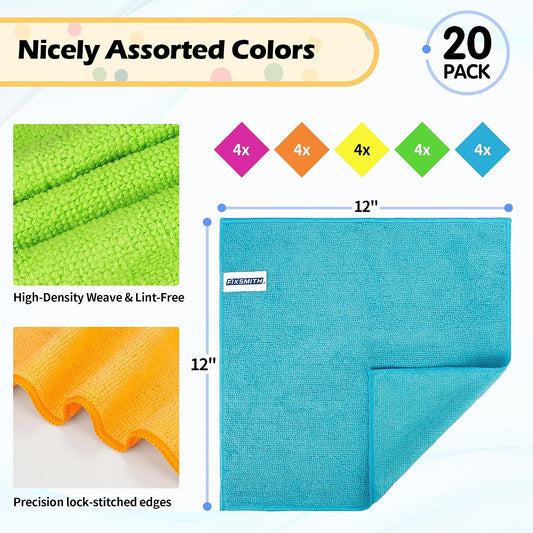 Microfiber Cleaning Cloth, 20 Pack Cleaning Rags, Cleaning Towels for Housekeeping, Kitchen, Car, Lint-Free, Reusable Shop Towels with 5 Colors (Green/Blue/Yellow/Orange/Pink), 12"X12"