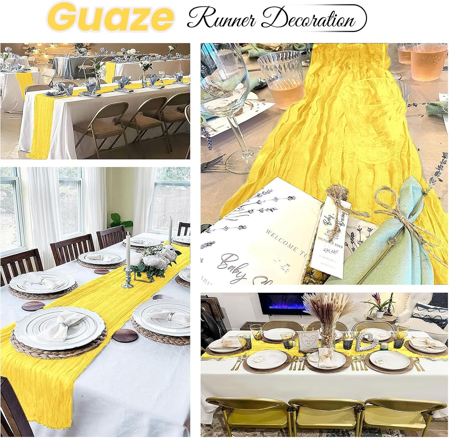 6 Pack Lemon Yellow Cheesecloth Table Runner 20 x 120 inch Gauze Table Runners 10 FT Long,Semi Sheer Boho Cheese Cloth Fabric Table Runner Bulk for Party,Wedding,Baby Shower,Bridal Shower Decoration