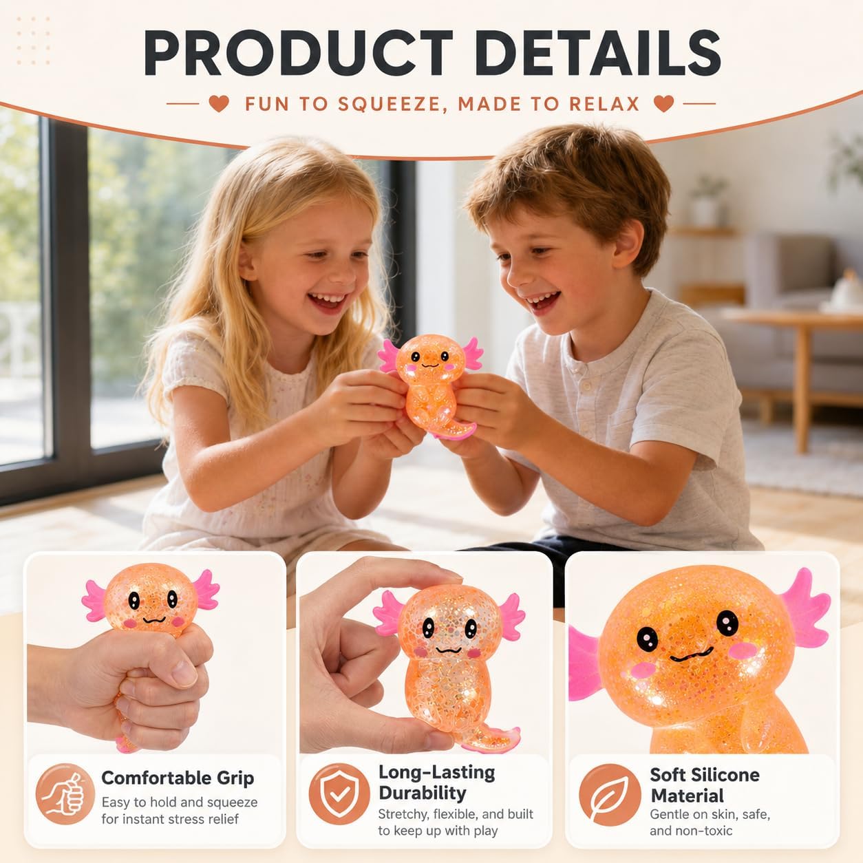 Shiny Salamander Stress Relief Ball, Long Tail Salamander Squeeze Toy, Soft Sensory Fidget Squishy Toy Not Easy to Fall Off for Boys Girls Age 3+ and Adults (Yellow)