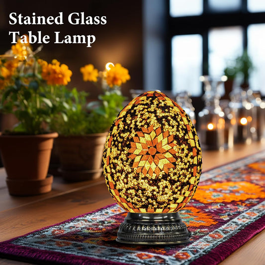 Turkish Moroccan Table Lamp with Handmade Mosaic Glass, Stained Glass Lamp with Tiffany Style, Vintage Lamp with Bronze Base Including LED Bulb for Living Room Bedroom Decor (Yellow)