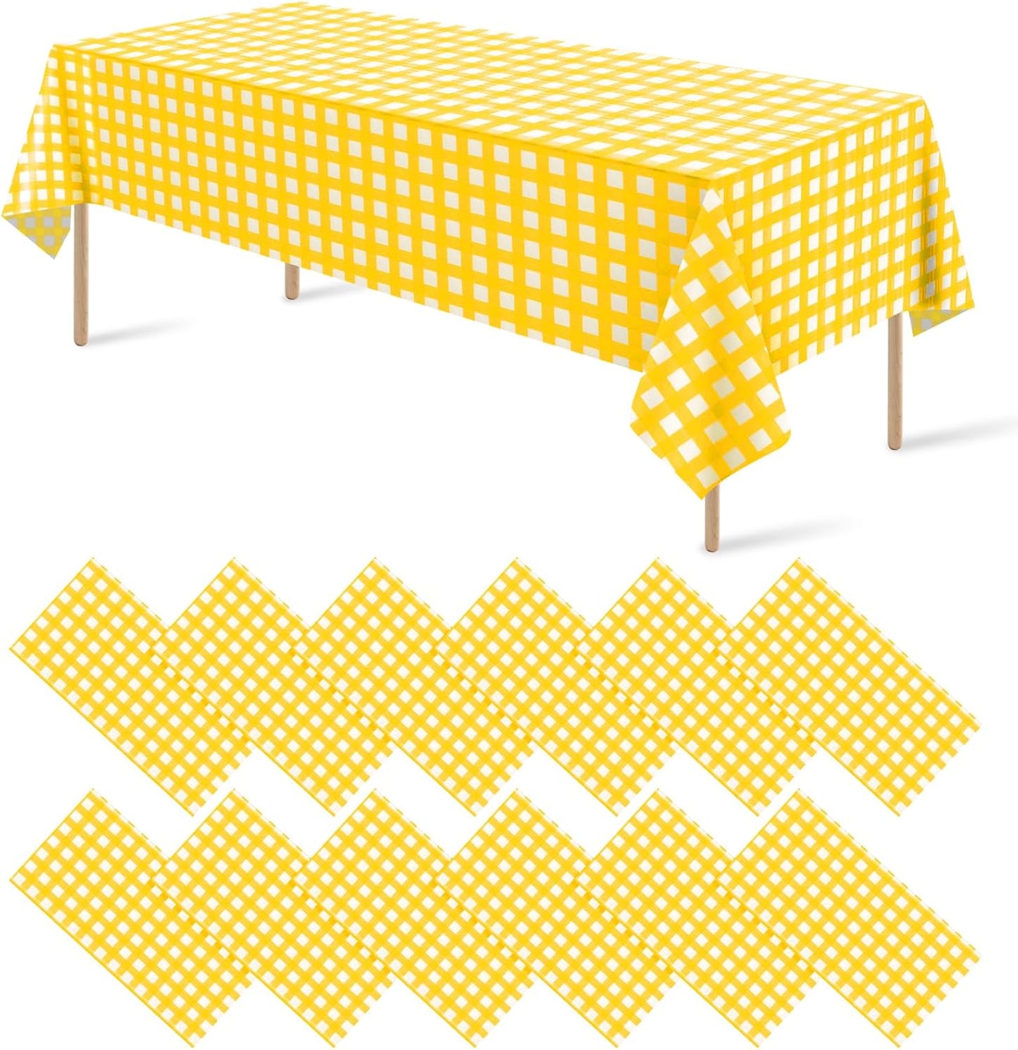 12Pack Yellow and White Plastic Checkered Tablecloth, Premium Decorative Disposable Yellow Gingham Plaid Table Cloths for Parties, Rectangle Party Table Cover for Picnic Birthday Wedding, 54x108 Inch