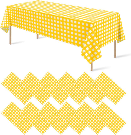 12Pack Yellow and White Plastic Checkered Tablecloth, Premium Decorative Disposable Yellow Gingham Plaid Table Cloths for Parties, Rectangle Party Table Cover for Picnic Birthday Wedding, 54x108 Inch