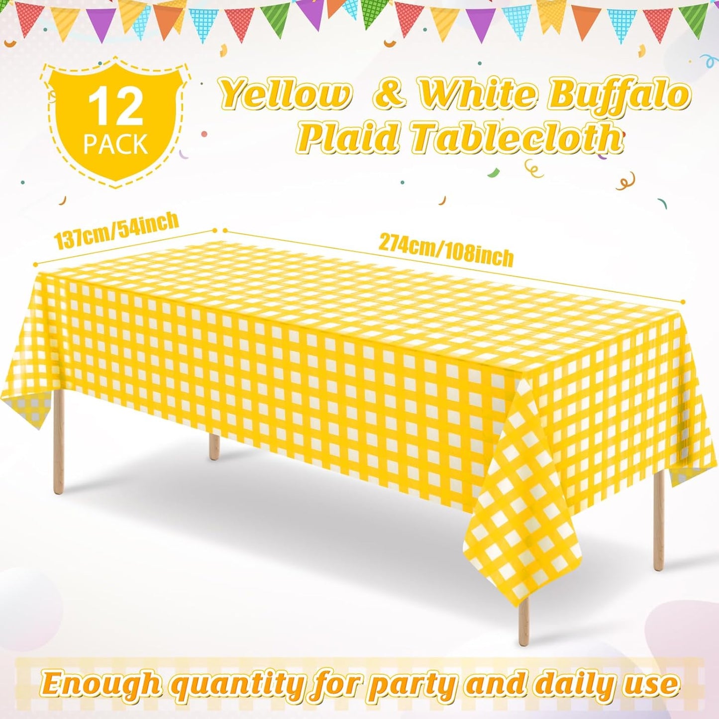 12Pack Yellow and White Plastic Checkered Tablecloth, Premium Decorative Disposable Yellow Gingham Plaid Table Cloths for Parties, Rectangle Party Table Cover for Picnic Birthday Wedding, 54x108 Inch