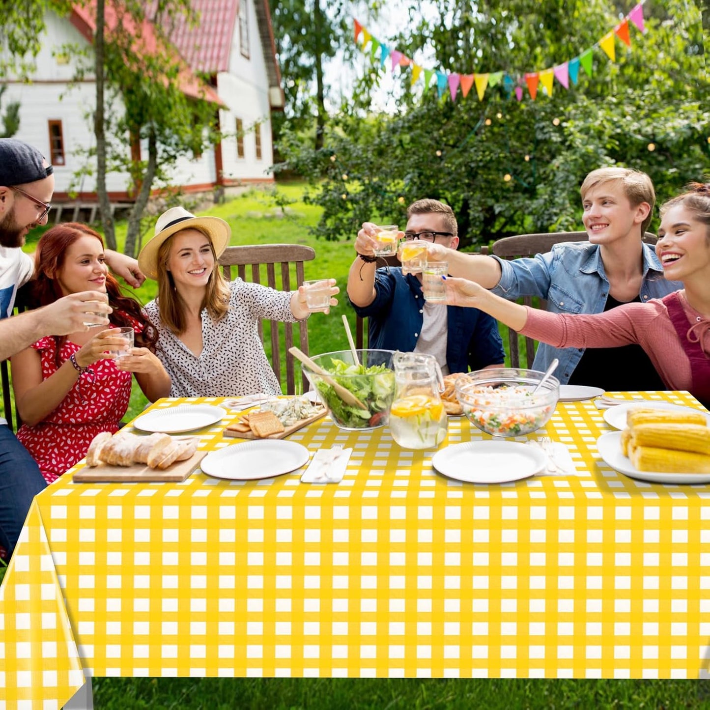 12Pack Yellow and White Plastic Checkered Tablecloth, Premium Decorative Disposable Yellow Gingham Plaid Table Cloths for Parties, Rectangle Party Table Cover for Picnic Birthday Wedding, 54x108 Inch