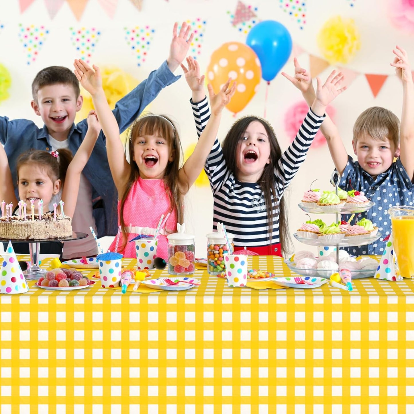 12Pack Yellow and White Plastic Checkered Tablecloth, Premium Decorative Disposable Yellow Gingham Plaid Table Cloths for Parties, Rectangle Party Table Cover for Picnic Birthday Wedding, 54x108 Inch