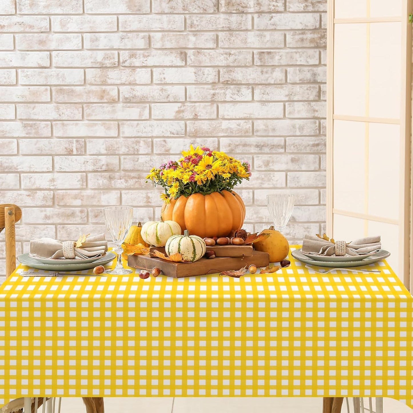 12Pack Yellow and White Plastic Checkered Tablecloth, Premium Decorative Disposable Yellow Gingham Plaid Table Cloths for Parties, Rectangle Party Table Cover for Picnic Birthday Wedding, 54x108 Inch