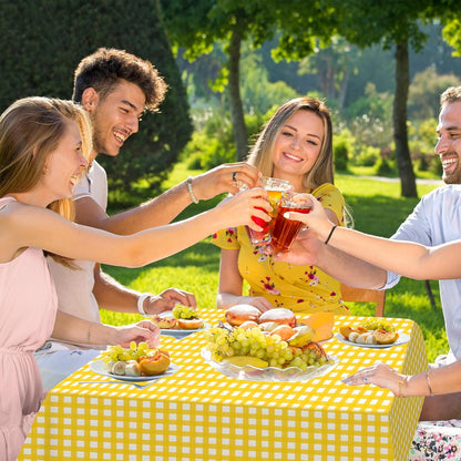12Pack Yellow and White Plastic Checkered Tablecloth, Premium Decorative Disposable Yellow Gingham Plaid Table Cloths for Parties, Rectangle Party Table Cover for Picnic Birthday Wedding, 54x108 Inch