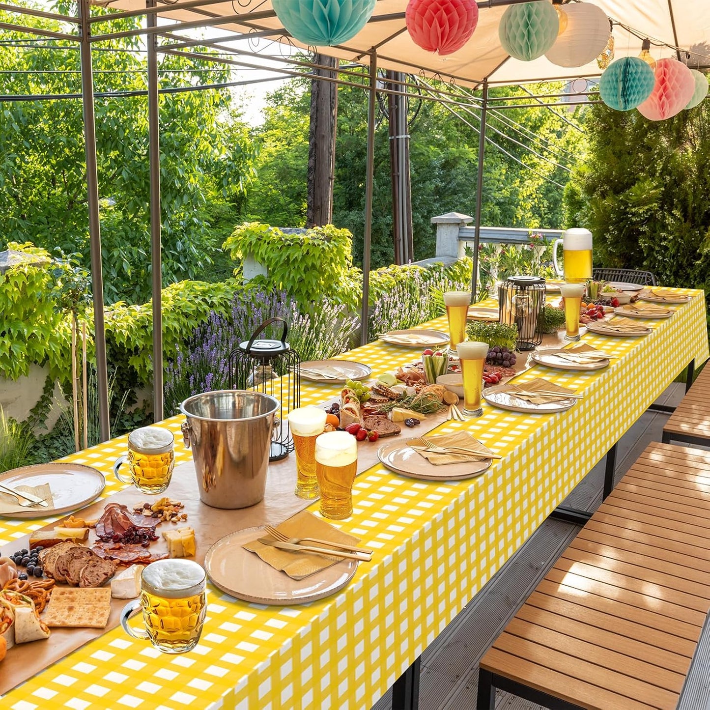 12Pack Yellow and White Plastic Checkered Tablecloth, Premium Decorative Disposable Yellow Gingham Plaid Table Cloths for Parties, Rectangle Party Table Cover for Picnic Birthday Wedding, 54x108 Inch