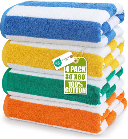 Pack of 4 Cabana Beach Towels, Oversized 30 x 60 Inches Cotton Beach Towel Set, Smooth Ring Spun Texture for Pool and Swim Days, Modern Striped Design Bath Towels