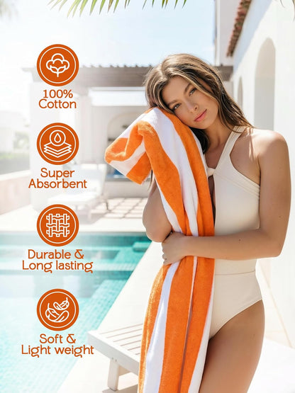 Pack of 4 Cabana Beach Towels, Oversized 30 x 60 Inches Cotton Beach Towel Set, Smooth Ring Spun Texture for Pool and Swim Days, Modern Striped Design Bath Towels