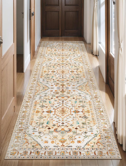 SERISSA Boho Washable Runner Rug, 2'6"x8' Rug Runner Non-Slip Vintage Light Yellow Hallway Kitchen Runner Rug Ultra Soft Print Distressed Floor Carpet Runner for Bedroom Bathroom Laundry Room