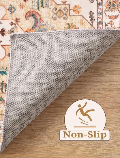 SERISSA Boho Washable Runner Rug, 2'6"x8' Rug Runner Non-Slip Vintage Light Yellow Hallway Kitchen Runner Rug Ultra Soft Print Distressed Floor Carpet Runner for Bedroom Bathroom Laundry Room