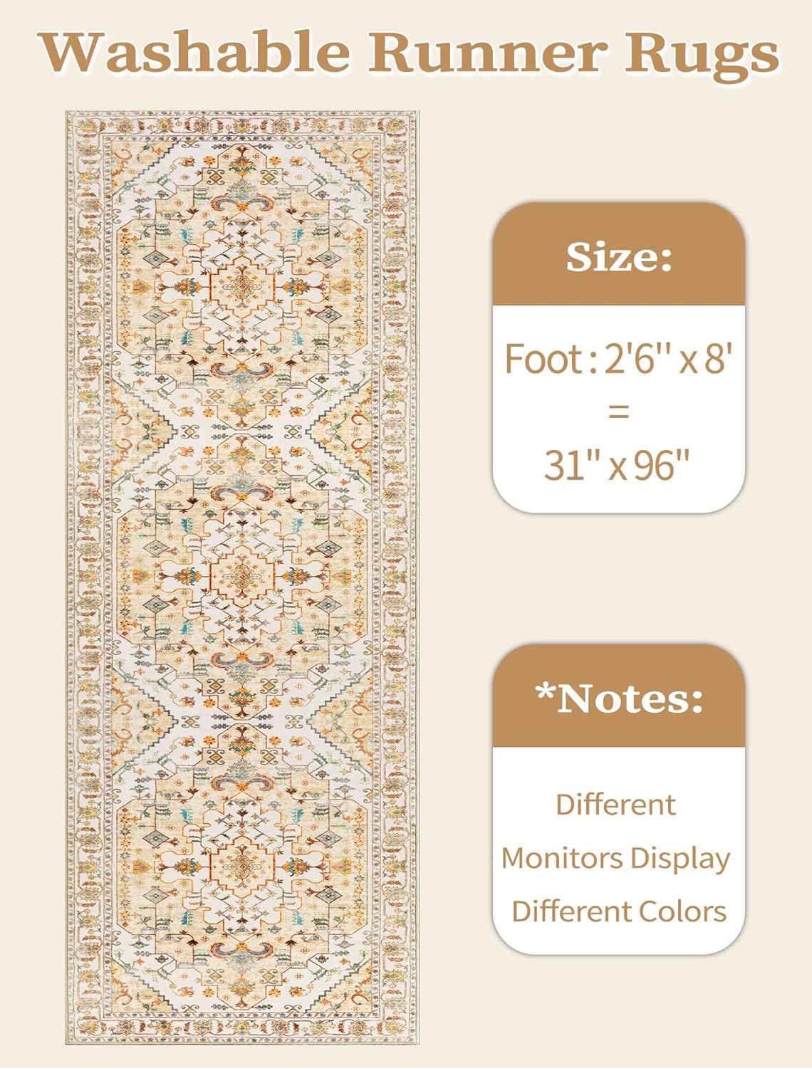 SERISSA Boho Washable Runner Rug, 2'6"x8' Rug Runner Non-Slip Vintage Light Yellow Hallway Kitchen Runner Rug Ultra Soft Print Distressed Floor Carpet Runner for Bedroom Bathroom Laundry Room