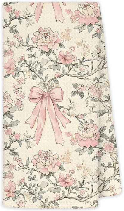 Chinoiserie Floral Kitchen Towels, Coquette Bow Preppy Hand Towels for Bathroom, Light Yellow and Light Pink Coquette Bathroom Kitchen Decor, 16x24 Inch