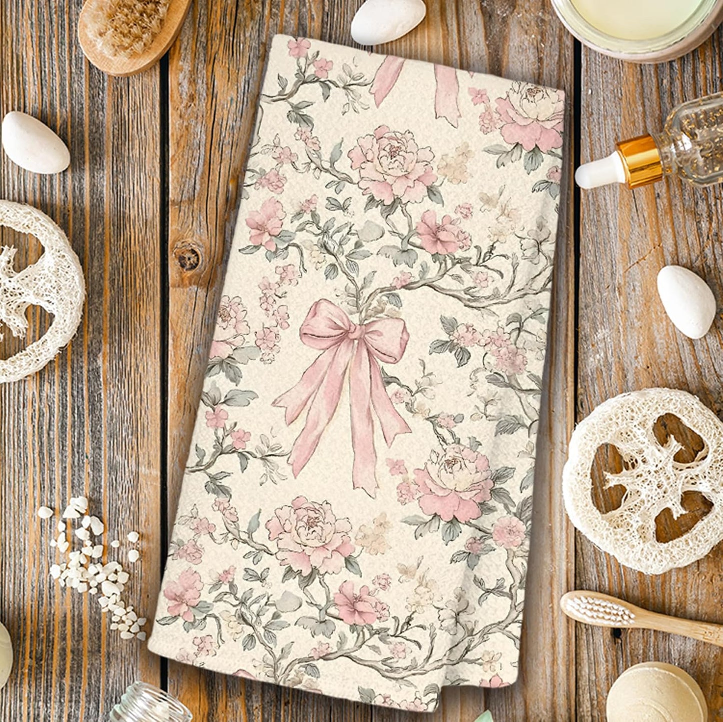 Chinoiserie Floral Kitchen Towels, Coquette Bow Preppy Hand Towels for Bathroom, Light Yellow and Light Pink Coquette Bathroom Kitchen Decor, 16x24 Inch