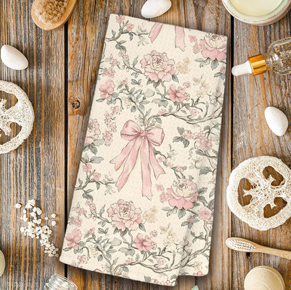 Chinoiserie Floral Kitchen Towels, Coquette Bow Preppy Hand Towels for Bathroom, Light Yellow and Light Pink Coquette Bathroom Kitchen Decor, 16x24 Inch