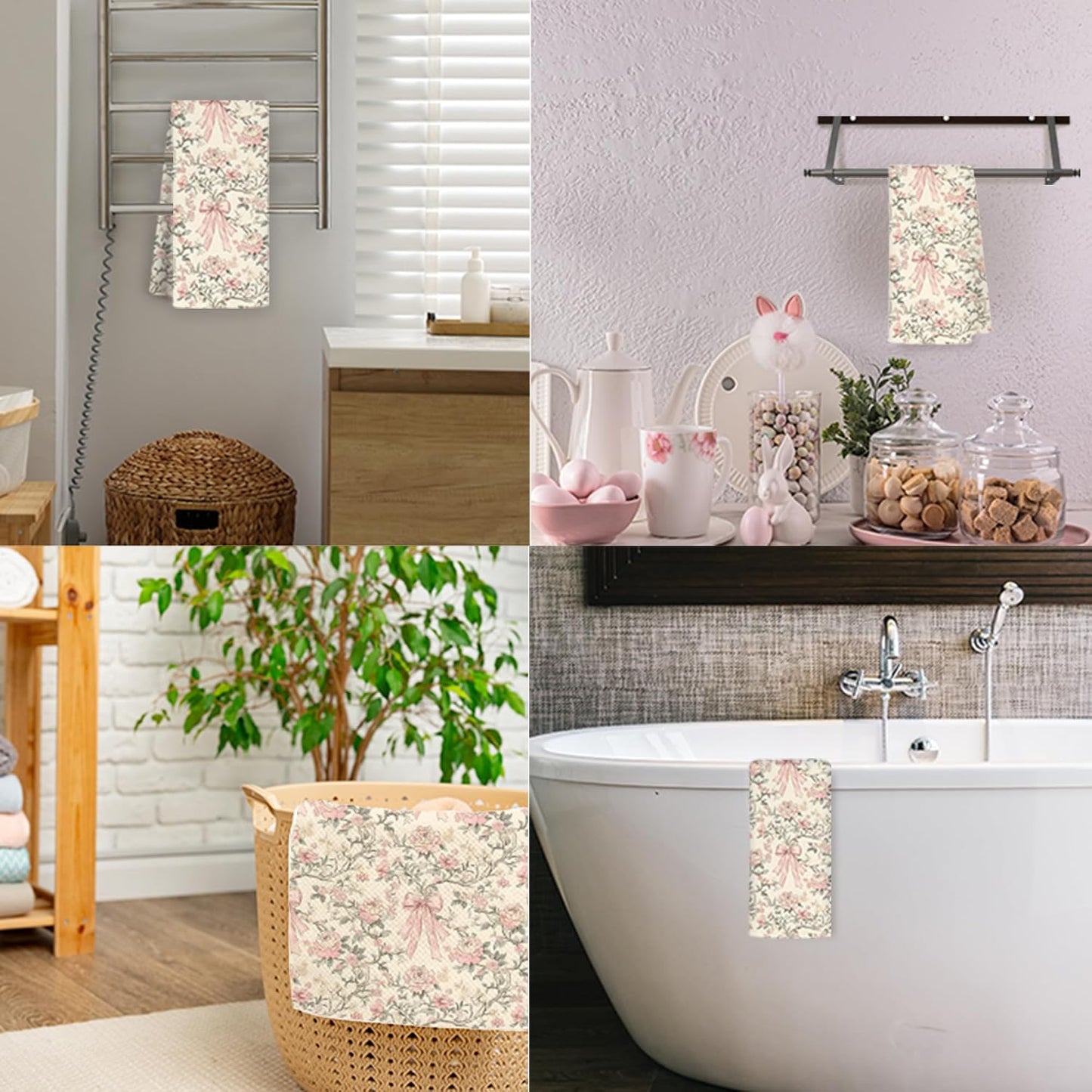 Chinoiserie Floral Kitchen Towels, Coquette Bow Preppy Hand Towels for Bathroom, Light Yellow and Light Pink Coquette Bathroom Kitchen Decor, 16x24 Inch