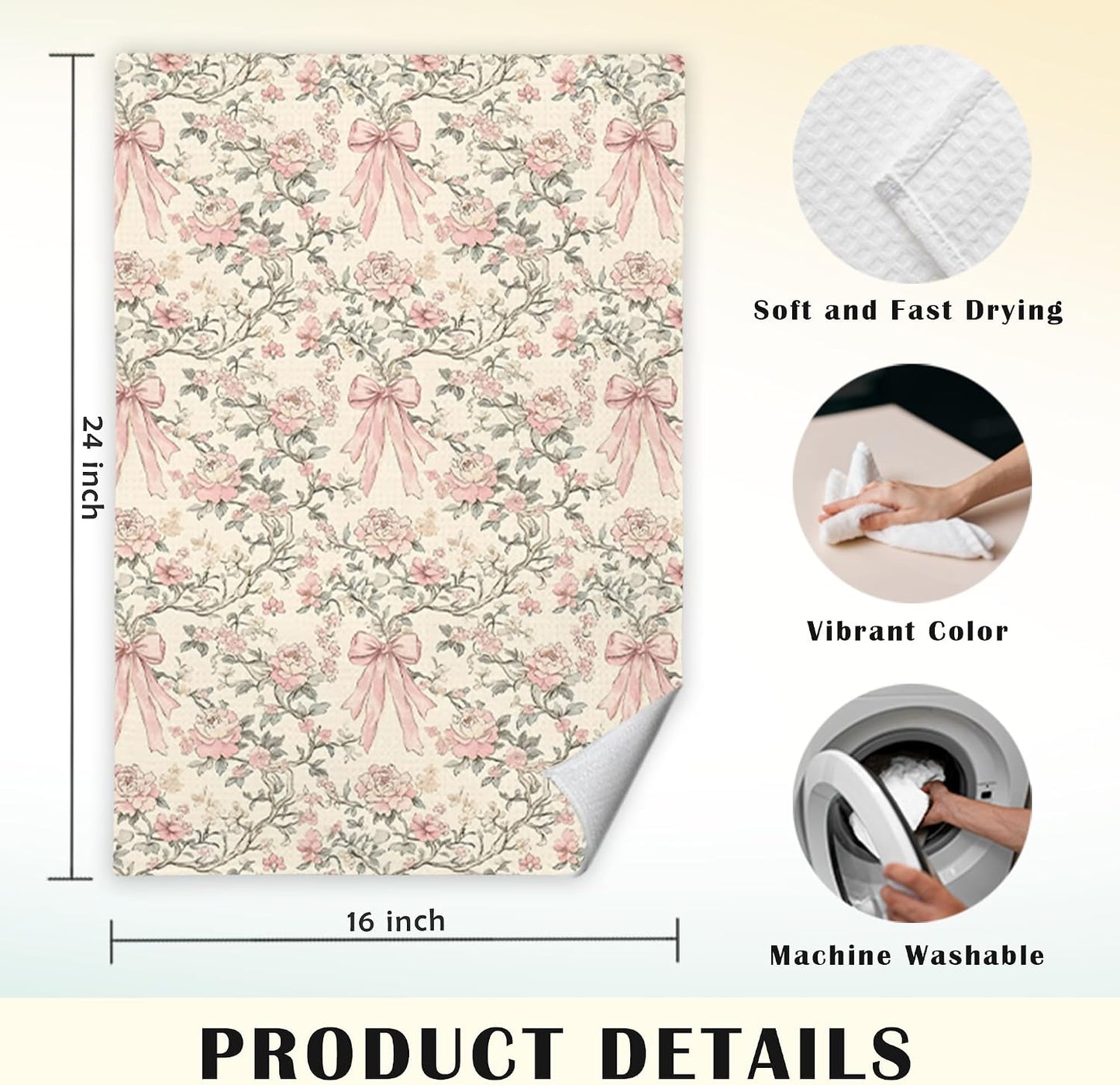 Chinoiserie Floral Kitchen Towels, Coquette Bow Preppy Hand Towels for Bathroom, Light Yellow and Light Pink Coquette Bathroom Kitchen Decor, 16x24 Inch