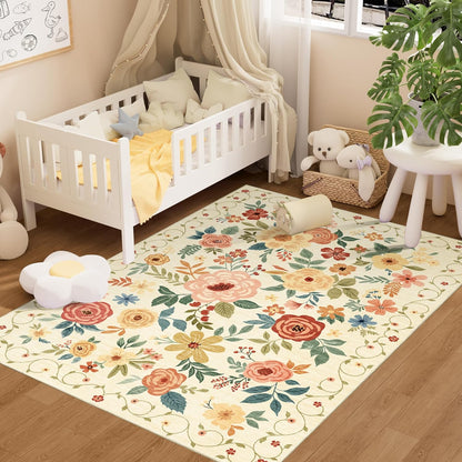 4x6 Area Rug, Lightweight Non Slip Washable Floral Rug, Indoor Low Pile & Non-Shedding Boho Design Rugs for Bedroom, Living Room, Dining Room, Beige Yellow