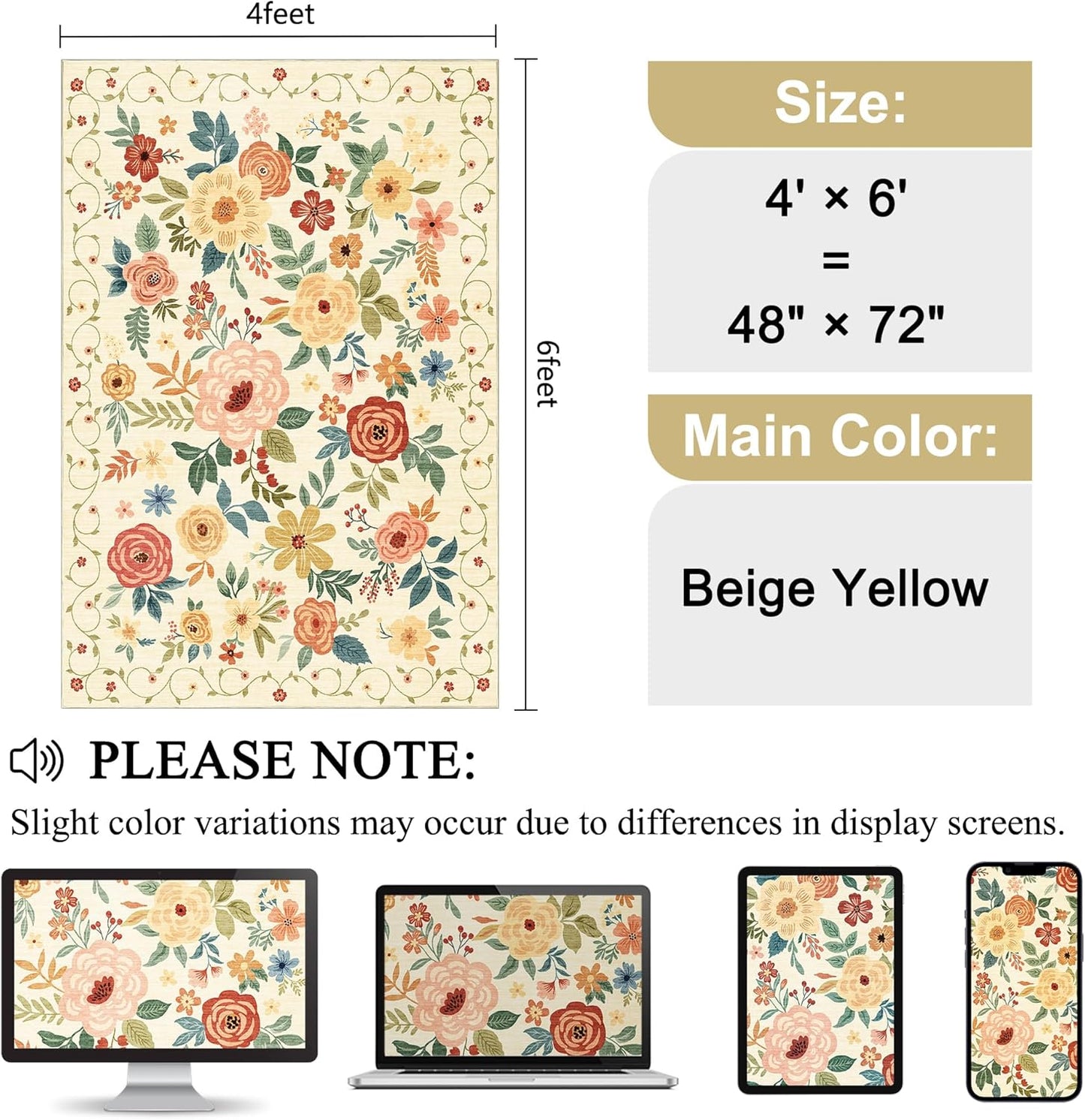 4x6 Area Rug, Lightweight Non Slip Washable Floral Rug, Indoor Low Pile & Non-Shedding Boho Design Rugs for Bedroom, Living Room, Dining Room, Beige Yellow