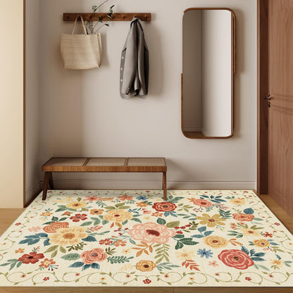 4x6 Area Rug, Lightweight Non Slip Washable Floral Rug, Indoor Low Pile & Non-Shedding Boho Design Rugs for Bedroom, Living Room, Dining Room, Beige Yellow
