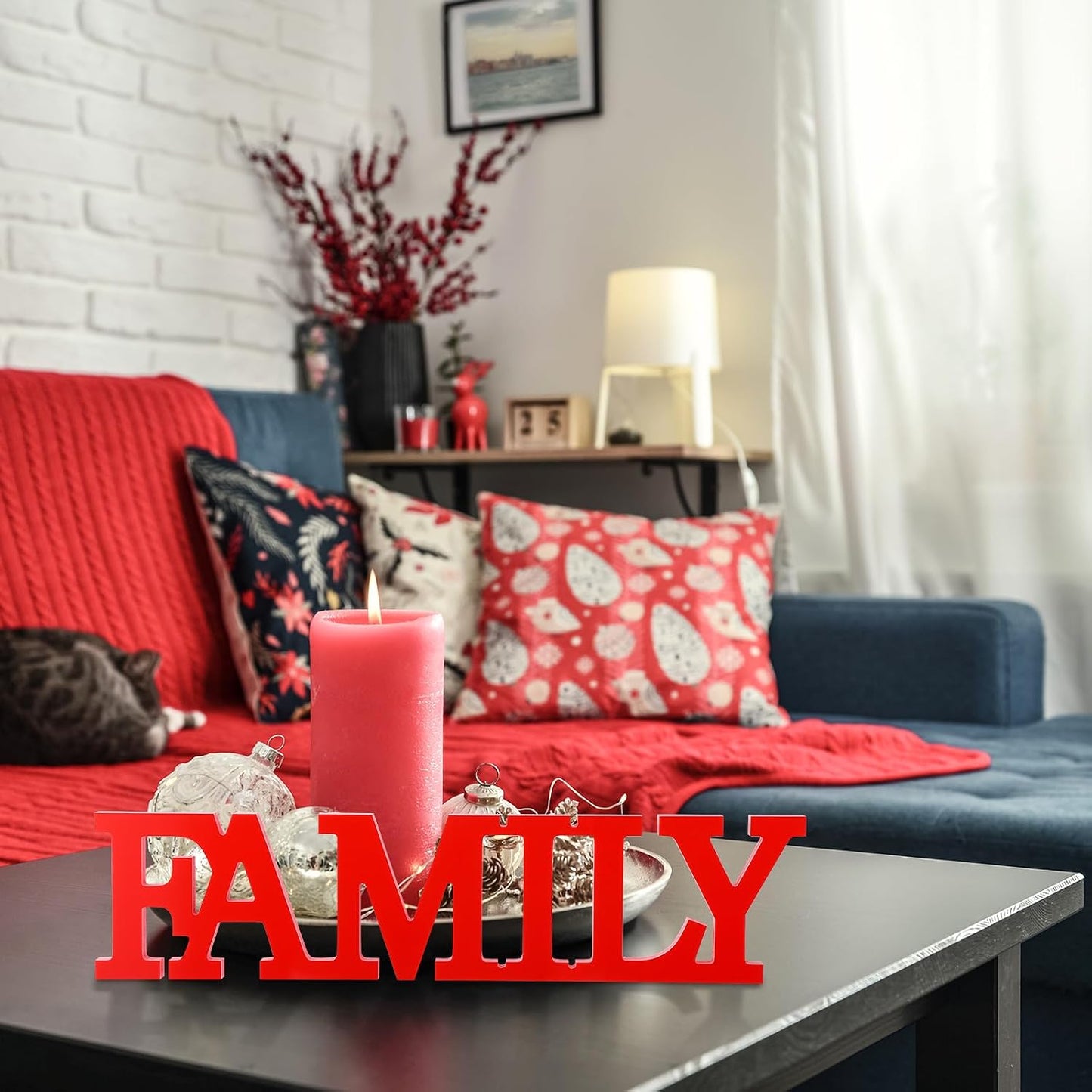 Wooden Home Wall Decor Sign Rustic Family Room Table Decoration Family Letter Signs for Pantry Kitchen Living Room Bedroom Shelf Mantel Fireplace Tables Centerpiece(Yellow)